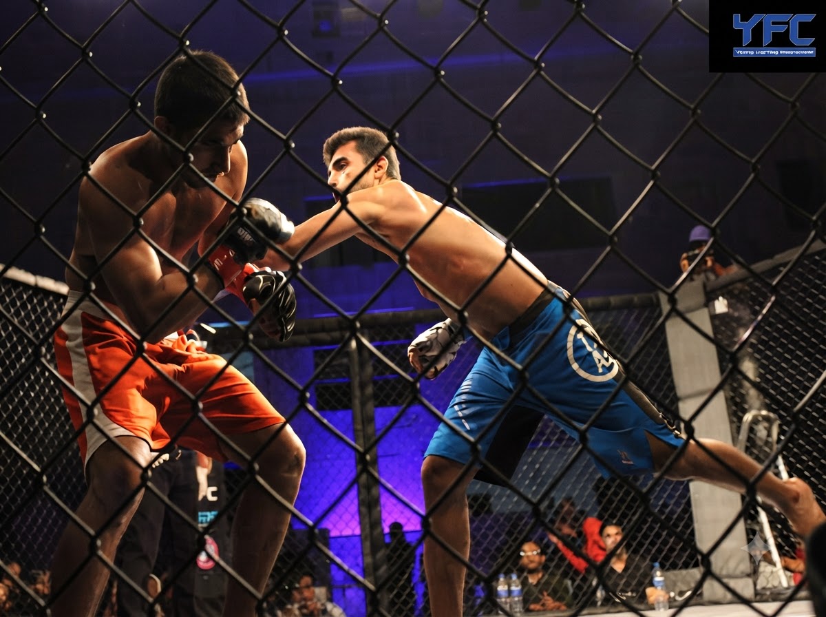 Fighters exchanging strikes in the cage at Golds Combat Fight